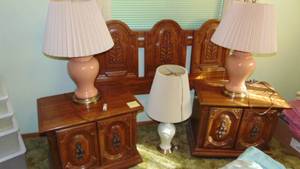 lot 113 image: Matching End Tables, Pair of Lamps and Queen Headboard