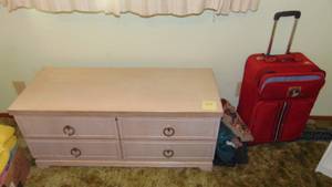 lot 115 image: Cedar Chest, 47 x 21 x 18.5 Original Whitewash Finish and Some Luggage