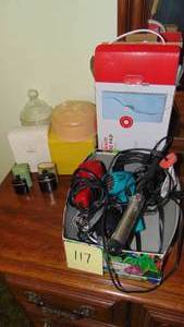 lot 117 image: Vintage Perfume Bottles, Heating Pad, Blow Dryers, Storage Containers and Curling Iron