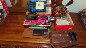 lot 118 image: 2- Wooden Boxes, Umbrellas, Change Holder, Mirrors and Misc