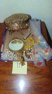 lot 119 image: Silverplate Jewelry Box, Gold Angel Hand Mirror and Misc Jewelry