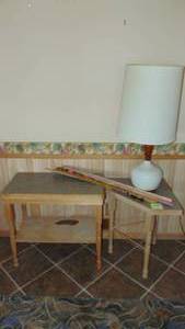 lot 125 image: 2 Handcrafted Side Tables, 30 x 27 x 16 and 28 x 25 x 20, Vintage Retro Lamp and Selection of Yard Sticks