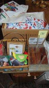 lot 130 image: Box of Kitchen Towels, Some New, Napkin Holder, Magnets and Misc