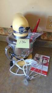 lot 136 image: Yellow KitchenAid Mixer with Attachments and Book