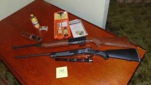 lot 142 image: Rossi 410 GA. 3 Mod Single Shot Barrel Gun, Tasco 4 x 15 Scope, Daisy 840 BB Gun, Hunting Knife and Gun Cleaning Kit