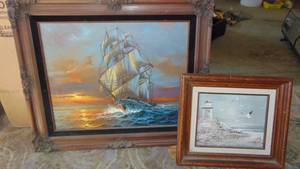lot 148 image: 2-Oil Printings, Lighthouse, 13 x 15, Out to Sea By Preston Willis with COA, 21 x 25