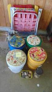 lot 151 image: 3- Vintage Web Lawn Chairs, Cat on Pot and 4 Bucket Stools
