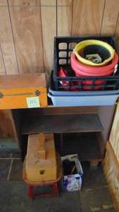 lot 152 image: Shelf, File Cabinet, Buckets, Shoeshine Kit and Misc
