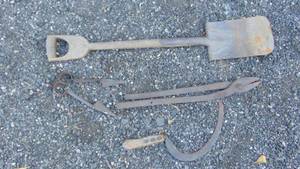 lot 20E image: Primitive Shovel, Clippers and Hand Scythe