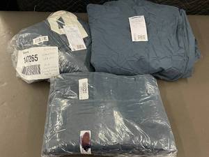 lot 55 image: French Linen Queen Bed Skirt and King Quilted Cover, Blue