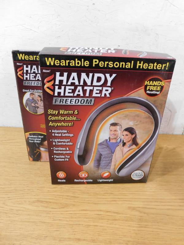 lot 42 image: (2) HANDY HEATER 450-Watt Silver and Black Electric USB Rechargeable Personal Wearable Neckband Heater