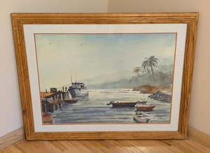 lot 10 image: ML - Framed L. Backus Watercolor Harbor Scene Painting