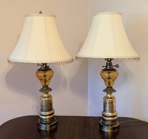 lot 44 image: Pair of Vintage Brass and Amber Glass Table Lamps with Shades
