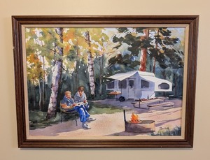 lot 46 image: LR - Framed Watercolor Painting by Backus - Campers at Forest Campsite
