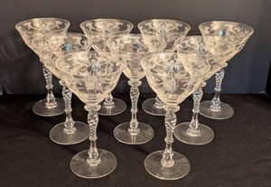 lot 55 image: BR - Set of 9 Vintage Tiffin Etched Crystal Wine Glasses, 7 Inch, 3 Chipped