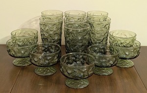 lot 91 image: K - Vintage Anchor Hocking Milano Lido Avocado Green Glassware Set