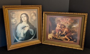 lot 113 image: BR - Pair of Framed Religious Artwork Prints with Ornate Gold Frames