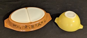 lot 116 image: LR - Vintage Pyrex Brown Divided Casserole Dish with Yellow Mixing Bowl Set