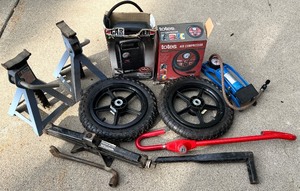 lot 151 image: Automotive Tool and Tire Accessory Lot with Air Compressors and Jack Stands