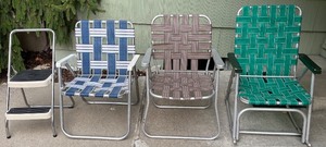 lot 155 image: Set of 3 Vintage Webbed Aluminum Lawn Chairs with Step Stool