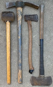 lot 165 image: Set of 4 Used Hand Tools Including Sledgehammer, Pickaxe, Axe, and Mallet