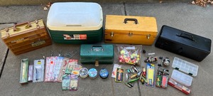 lot 166 image: Vintage Fishing Tackle Box Collection with Reels, Lures, Cooler, and Accessories