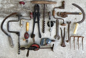 lot 168 image: Collection of Vintage Hand Tools Including Braces, Drills, Wrenches and Farm Implements