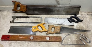 lot 179 image: Collection of Vintage Hand Saws, Hacksaw and Level