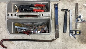 lot 182 image: Assorted Hand Tools with Tool Tote, Crowbar, Hammer, and Squares