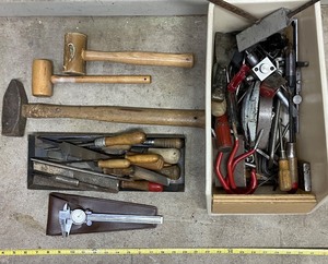lot 183 image: Collection of Hand Tools Including Hammers, Mallets, Files, Clamps, and Dial Caliper