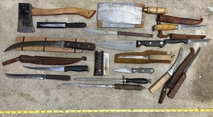 lot 186 image: Collection of Antique Knives, Cleaver, Axe, and Leather Sheaths