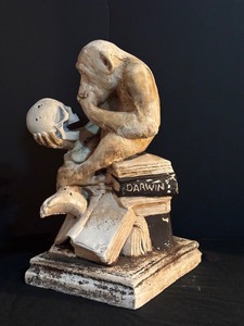 lot 21H image: LL - Vintage Thinker Monkey Sculpture Holding Skull on Book Base