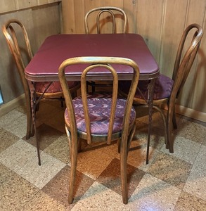lot 31H image: LL - Vintage Metal Folding Table with 4 Wooden Patterned Chairs Set