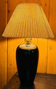 lot 33H image: LL - Black Ceramic Table Lamp with Pleated Brown Shade, 28 Inch