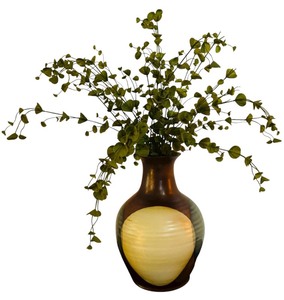 lot 35H image: LL - Vintage 13-Inch Ceramic Vase with Brown, Cream, and Gray Design with Faux Greens