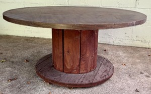 lot 37H image: LL - Vintage Barrel Wood Round Table 48 Inch Diameter