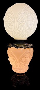 lot 38H image: LL - Vintage 24-Inch White Milk Glass Hurricane Lamp with Cherub Motif