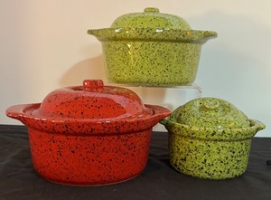 lot 39H image: LL - Set of 3 Vintage Cerutil Portugal Stoneware Casserole Dishes Avocado Green and Red