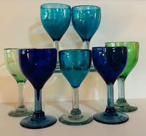 lot 40H image: LL - Set of 7 Blue and Green Wine Glasses
