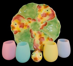 lot 69H image: LL - Majolica Fish Motif Serving Platter with Fish Shaped Lid and 4 Pastel Glasses