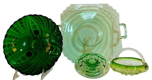 lot 70H image: LL - Vintage Fostoria Mayfair Green Uranium Vaseline Handle Serving Plate, Anchor Hocking Green Burple Glass Bowl & More