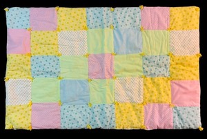 lot 75H image: LL - Vintage Pastel Patchwork Baby Quilt with Teddy Bear Back 51x31 Inches