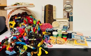 lot 183H image: LL - Large Craft Lot with Embroidery Floss, Sewing Needles, Thread, Trims, and Yarn in Decorative Container