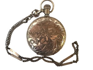 lot 3X image: K - American Waltham Vintage Pocket Watch with Ornate Case and Chain