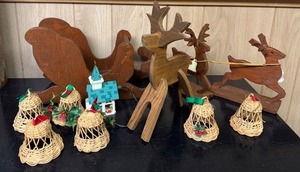 lot 29X image: LL - Assorted Wooden Reindeer, Sleigh, Wicker Bells, and Lighted Church Christmas Decorations