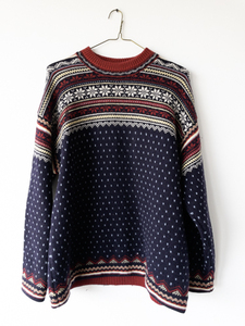 lot 7 image: Vintage Lands End 100% Nordic Birds Eye Fair Isle Ski Sweater Size L 14-16