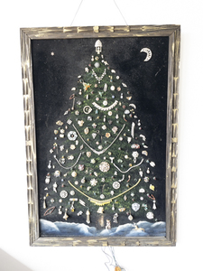lot 10 image: Framed Christmas Tree Art with Vintage Jewelry and Lights