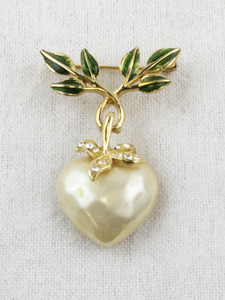 lot 32 image: Joan Rivers Gold-Tone Heart Brooch with Faux Pearl and Green Enamel Leaves