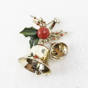 lot 35 image: Vintage Holiday Bell Pin with Red Berry and Holly Design