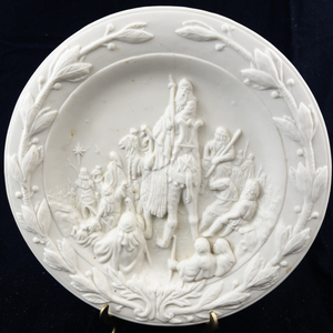 lot 119 image: Vintage White Bisque Relief Plate with Nativity Scene and Plate Stand
